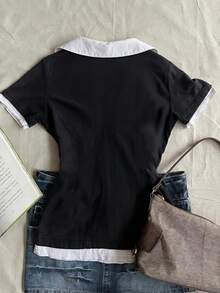 IslaSuriya Women Casual Basic Sexy 2 In 1 Patchwork Top, Versatile For Daily Wear Back-To-School Golf White Summer - Black and White - View 2