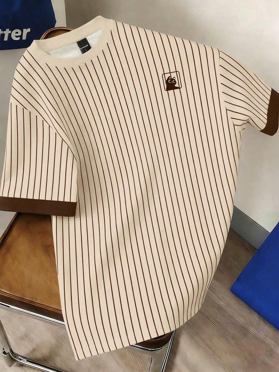 Manfinity Joysei Men's Casual Round Neck T-Shirt With Striped Cuff Panels - Coffee Brown - View 1