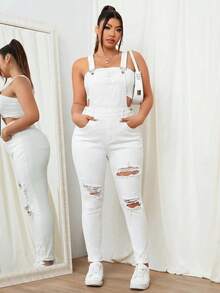 SHEIN EZwear 大码女式休闲破洞牛仔连体裤 - 白色 - 查看 4