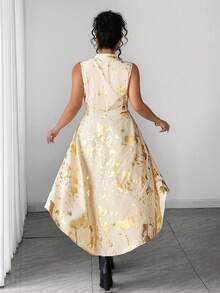 SHEIN Clasi Plus Size Women's Elegant White Summer Sleeveless Sequin Night Out Club Stand Collar Irregular Hem Gold Foil Fabric Longline Blouse,Party Top Shirt - Champagne - View 2