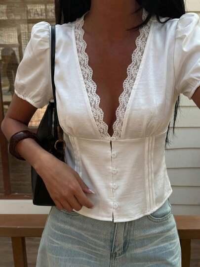 Spring & Summer Hollow Lace Patchwork Tie-Up V-Neck Casual Beach Vacation Fitted Elegant Short Sleeve Blouse For Women