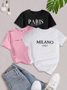 SHEIN EZwear Set de 3 camisetas cortas de mujer de manga corta, cuello redondo, de ajuste ceñido con gráficos de texto en inglés en estilo minimalista y casual para el verano - Multicolor - Ver 8