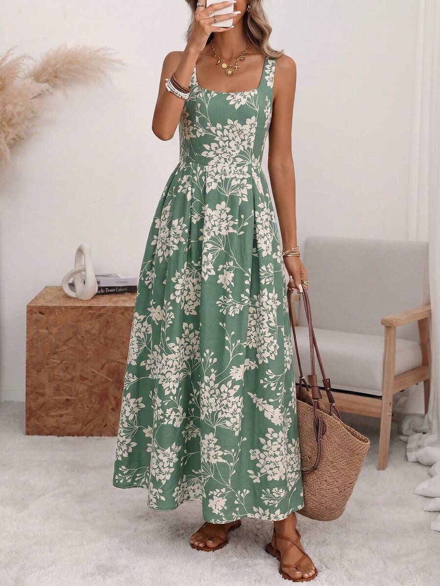 Florisole Đầm midi nữ cổ chữ U, dây bản rộng, thắt eo, lưng xếp ly, dây buộc điều chỉnh, hở lưng, họa tiết chấm bi lớn lãng mạn, phong cách tối giản Pháp cổ điển thanh lịch, phù hợp cho công sở, đi làm, kinh doanh, thường ngày, đi biển, nghỉ dưỡng, mùa xuân/hè. - màu xanh lá - Xem 1