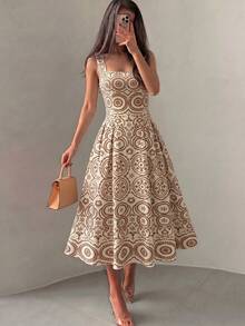 Modelyn Đầm midi chữ A không tay, dệt kim, in kỹ thuật số, thắt eo, dành cho nữ, thanh lịch và lãng mạn, thích hợp cho mùa xuân/hè. - Nhiều màu - Xem 7
