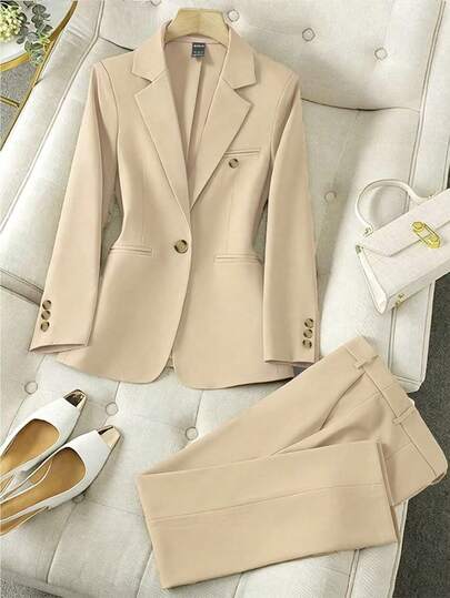 Franclia Women's Business Casual Lapel Collar Solid Color Suit Jacket And Pants Set, Versatile For Workplace