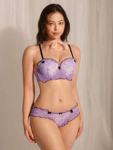 DelicateAllure 女士蕾丝边蝴蝶结装饰文胸内裤套装，休闲日常内衣 - 紫色 - 查看 3