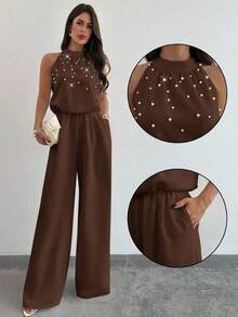 Firerie Quần ống rộng ôm dáng màu trắng thanh lịch không tay cổ tàu đính ngọc trai dành cho nữ, bộ jumpsuit trắng lãng mạn đính ngọc trai, jumpsuit không tay, thời trang công sở nữ, lễ tốt nghiệp, đồng phục giáo viên, trang phục xuân hè thu, thanh lịch, đi làm, hẹn hò, tiệc tùng, lễ hội âm nhạc, mùa cưới, tốt nghiệp, dạ hội, biểu diễn, hòa nhạc, trang phục công sở, tựu trường, tiệc thường niên, sinh nhật nữ, trang phục ngày lễ - màu nâu - Xem 1