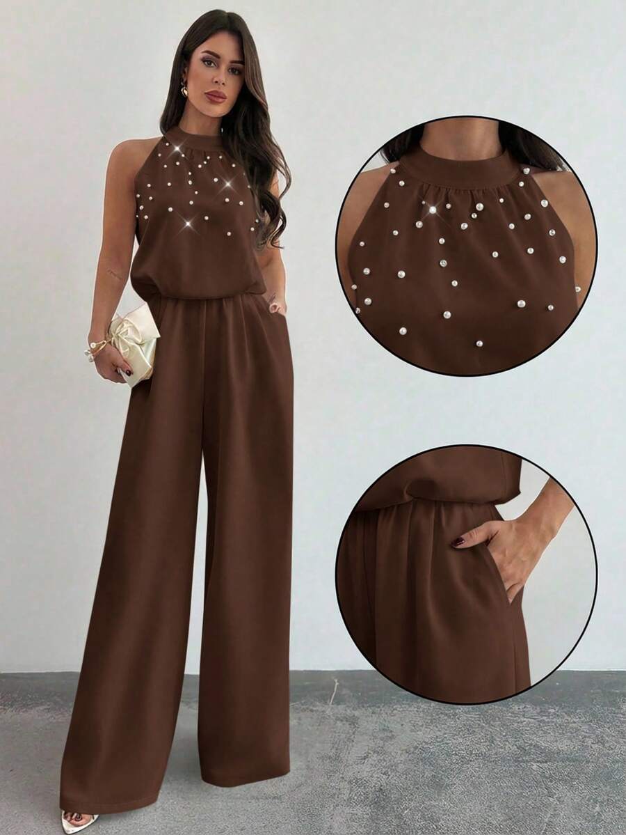 Firerie Quần ống rộng ôm dáng màu trắng thanh lịch không tay cổ tàu đính ngọc trai dành cho nữ, bộ jumpsuit trắng lãng mạn đính ngọc trai, jumpsuit không tay, thời trang công sở nữ, lễ tốt nghiệp, đồng phục giáo viên, trang phục xuân hè thu, thanh lịch, đi làm, hẹn hò, tiệc tùng, lễ hội âm nhạc, mùa cưới, tốt nghiệp, dạ hội, biểu diễn, hòa nhạc, trang phục công sở, tựu trường, tiệc thường niên, sinh nhật nữ, trang phục ngày lễ - màu nâu - Xem 1