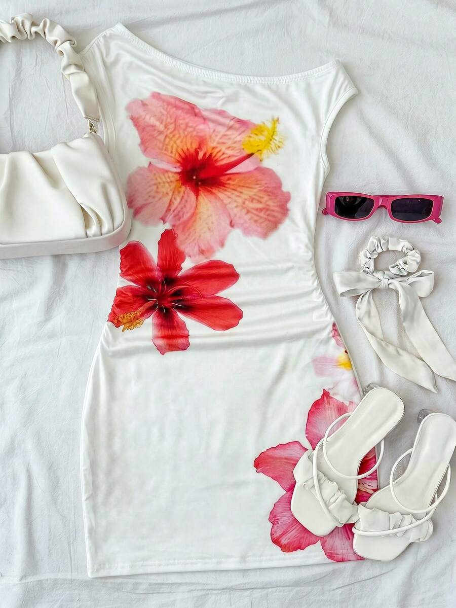SHEIN 少女度假风奶油黄碎花不对称肩部荷叶边修身迷你连衣裙,夏季 - 白色 - 查看 1