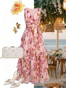 Ellevyn Đầm vintage lãng mạn với họa tiết hoa màu cam và viền bèo nhún. - Hồng - Xem 2
