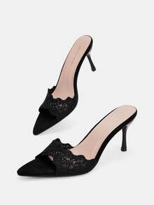 Glitzique Spring/Summer Women's Embroidered Fabric Open Toe High Heel Mule Slippers, Classic White And Black Colors, Suitable For Mother's Day - Black - View 8