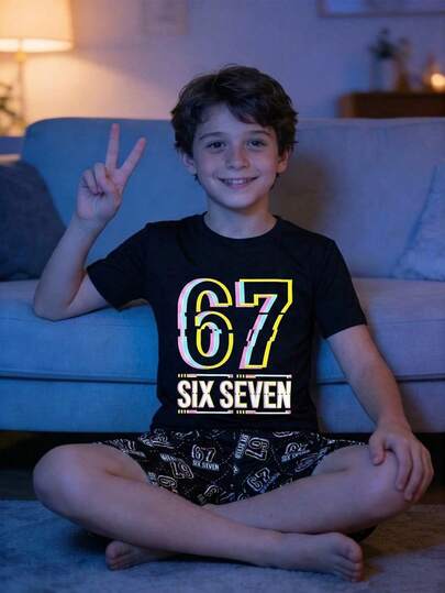 SHEIN 2pcs Tween Boy Pattern Of The Number 67 Summer Simple Casual Short-Sleeve T-Shirt And Shorts Loose Comfortable Home Pajama Two Pieces Set Night Vision Fluorescence Effect