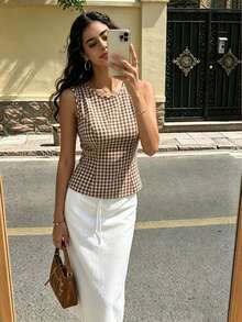 SHEIN PariChic 女款白色與棕色格紋無袖上衣，復古修身露背上衣配蝴蝶結與鈕扣，適合夏季野餐休閒辦公穿搭 - 彩色 - 查看 4