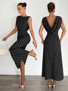 Siren Gaze Black And White Polka Dot Midi Dress, Sleeveless, Fitted, Halter Neck, Backless Party Holiday, Summer Vacation Evening Gown 70s Retro Elegant - Black - View 2