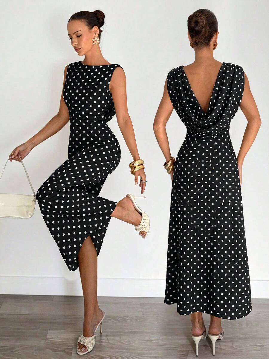 Siren Gaze Black And White Polka Dot Midi Dress, Sleeveless, Fitted, Halter Neck, Backless Party Holiday, Summer Vacation Evening Gown 70s Retro Elegant