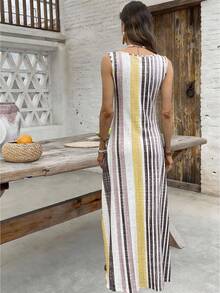 EMERY ROSE Women's Casual Striped Round Neck Sleeveless Dress, Suitable For Vacation,Features Practical Pocket Design,Fashionable For Summer - Pale Yellow - View 2