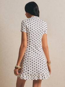 Poéselle Women's Tie Collar Polka Dot Casual Party Mini Dress - Apricot - View 2