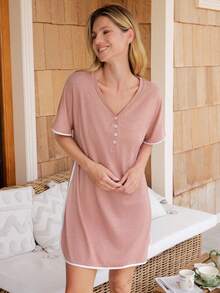 Doze Lane V-Neck Half-Zip Contrast Color Block Women's Casual Dress - Dusty Pink - View 4