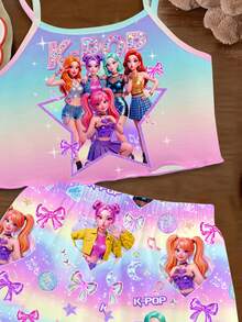 Young Girl Cartoon Dopamine Colorful Ombre Casual Minimalist Camisole And Shorts Set, Suitable For Summer - Multicolor - View 3