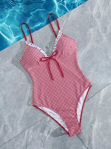 Swim Mod 26SS Spring/Summer Cute Strawberry Plaid Ruffle V-Neck One-Piece Swimsuit For Women Vacation Red Cute - Multicolor - View 5