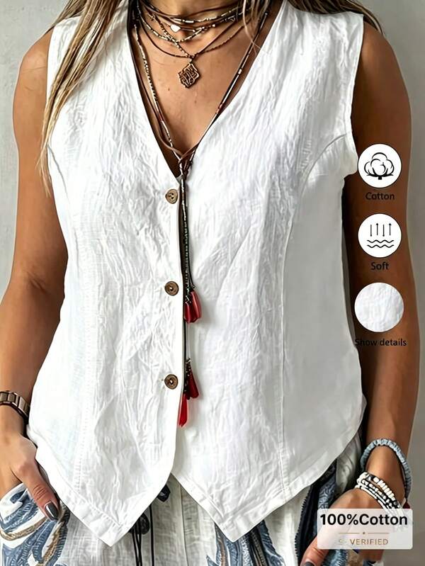 EMERY ROSE Camisa regata casual feminina plus size de cor sólida com abotoamento simples