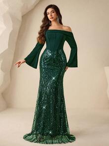 Coutiva Women's Beaded One-Piece Formal Wedding Guest Prom Prom Night Evening Gown (Heavily Embellished) Sage Green Fall Romantic Sexy - Dark Green - View 4