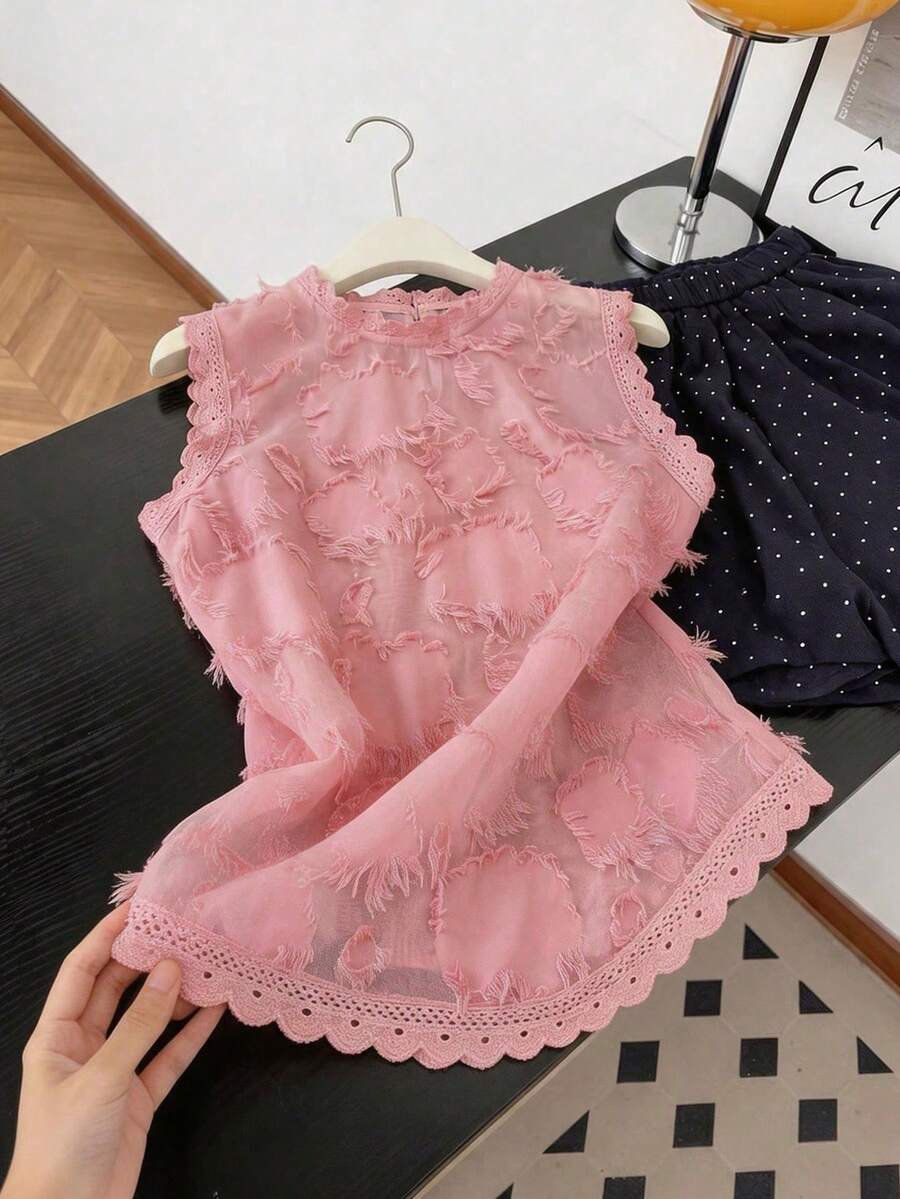 Franclia 女士纹理面料蕾丝边套头衫 - 粉色 - 查看 1