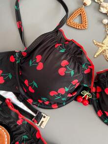 Swim Mod Women's Sweet Cute Floral & Cherry Print Swimsuit Set For Summer Beach Vacation - Black - View 3