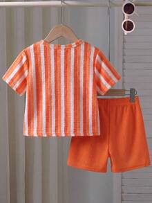 Souflis Souflis Young Boy Summer Beach Vacation Colorblock Striped Print Textured Fabric Short Sleeve T-Shirt And Waffle Fabric Shorts Set - Orange - View 3