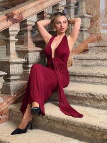Jeta Ari Elegant Yellow Cream Sexy Deep V-Neck Dress, Yellow Dress, Graceful Long Dress, Spring/Summer,Dresses For Women Party,Valentine's Day,Valentine Outfits For Women - Burgundy - View 3