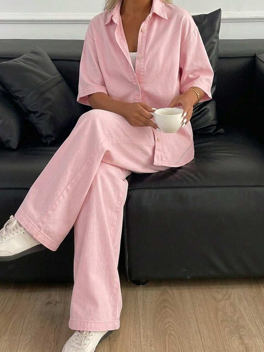 DAZY Damen Sommer Set mit Umlegekragen 3/4 Arm Jeanshemd und weiter lässiger Denim-Hose, 2-teiliges Set, unisex lässiger Jeans-Outfit - Pink - Übersicht 1