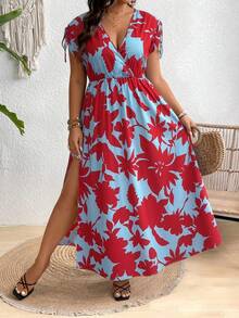 SHEIN Clasi Plus Size Women's Royal Blue V-Neck Split Dress Maxi Women Outfit Vacation Summer Boho - Rose Red - View 3