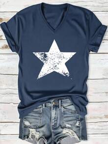 INAWLY Blusa de mujer talla grande con cuello en V y estampado de estrellas, blusa casual cómoda de manga corta con cuello en V, adecuada para uso casual diario - Azul Marino - Ver 3