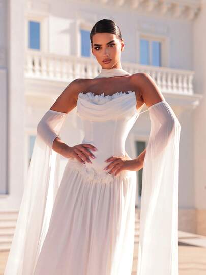 Glamrae Elegant minimalistisk off-shoulder krämfärgad satin sjöjungfru 3D blommig rynkad design skarv romantisk stor a-linjeformad fåll med utsvängda ärmar, lämplig för olika typer och behov av kvinnors bröllopsklänningar, formella klänningar