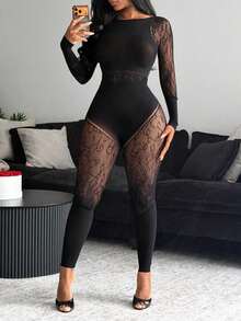 BamGleam 女士性感镂空透视网纱连体裤 - 黑色 - 查看 7