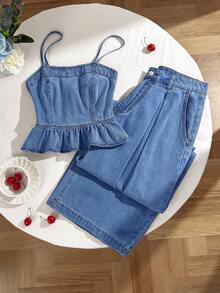 Comfortcana Setelan 2 Potong Atasan Tank Top dan Celana Panjang Musim Panas Warna Polos Ukuran Plus dengan Tali Bahu Tipis dan Hiasan Ruffle di Bagian Bawah - Medium Wash - View 3