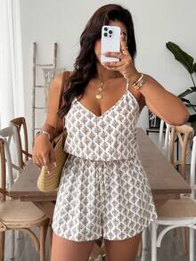 SHEIN VCAY Mono/Mono corto de estilo bohemio casual de vacaciones con patrón geométrico retro para tallas grandes - Multicolor - Ver 4