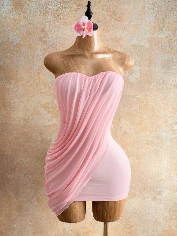 Mistrie Vestido mini asimétrico de fiesta y vacaciones, con volantes de malla rosa, ajustado y sexy, para mujer, nuevo verano 2026