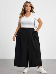 SHEIN CURVE+ Plus Size Women's Black Autumn Smart Casual Everyday Loose Comfortable Wide Leg Pants, Elastic Waist Flowy Pants For Vacation - Black - View 7