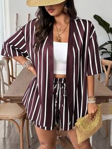 SHEIN VCAY 2pcs Plus Size Striped Short Sleeve Jacket Set, Casual Fashionable, Suitable For Daily Wear And Vacation - Coffee Brown - View 4