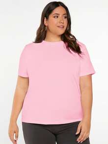 SHEIN BASICS Áo thun nữ cỡ lớn, màu trơn, cổ tròn, tay ngắn, kiểu dáng thường ngày, đa năng. - Màu Hồng baby - Xem 4