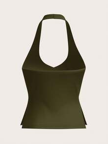 SHEIN BASICS Casual Solid Color Knit Halter Neck Top For Women - Army Green - View 7