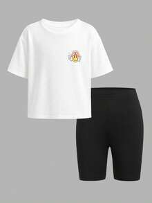 SHEIN Bộ 2 món cho bé gái/trẻ em, áo thun trắng in họa tiết rộng rãi và quần legging đen, trang phục thường ngày năng động, phù hợp cho dã ngoại, du lịch, cắm trại, chụp ảnh, hoặc cả gia đình cùng mặc. - trắng - Xem 3