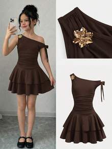 Firerie Kids Firerie Kids Kids Tween Girl Asymmetrical Shoulder Ruched Metallic Rose Cake Dress,Shades Of Brown,Summer,Cute Modest,Elegant,Party Formal Princess Sibling Outfit - Brown - View 7