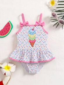 SHEIN Baby Girl Knitted Polka Dot Ice Cream Pattern Romper Swimsuit - Multicolor - View 4
