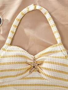 Sparklyn Regata Decote Halter com Estrela-do-mar | Top Curta Franzida Ajustada com Laço Removível Adequada para Meninas Pré-Adolescentes Silhueta Curta, Decoração de Estrela-do-mar Fresca e Limpa | Elementos Doces de Estilo Marinho, Adicionando uma Sensação Requintada Decote Halter + Laço Removível | Estilo Flexível, Estilo de Uso Ajustável Tecido Franzido Ajustado | Conforme o Ajuste Justo Sem Aperto, Confortável e da Moda - Amarelo - Visão 3