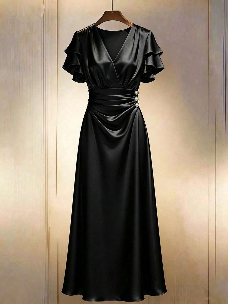 Qadelle Đầm midi thanh lịch thắt eo, đầm maxi duyên dáng cho nữ, đầm dài mùa hè cho nữ, đầm mùa hè cho nữ, trang phục mùa hè cho nữ, đầm sinh nhật cho nữ, đầm dự đám cưới cho nữ, trang phục ngày Valentine cho nữ, đầm sinh nhật cho nữ, đầm ôm sát gợi cảm tối giản cổ chữ V chéo cài nút cho nữ, đầm lụa, đầm ôm sát satin, đầm satin màu sâm panh, đầm dài dự tiệc, đầm lụa thanh lịch, đầm dạ hội sang trọng, đầm kiểu nữ thần - màu đen - Xem 1