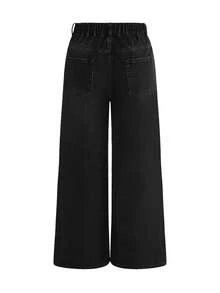 ROMWE Grunge Punk Celana Jeans Wanita Ukuran Besar Model Lurus Ekstra Panjang Motif Punk dengan Duri dan Salib Bunda Maria, Cetakan Inggris. - Hitam - View 8