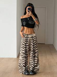 SHEIN ICON 朋克风印花宽松休闲低腰裤 - 彩色 - 查看 3