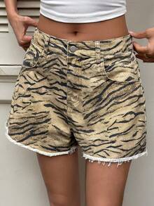 Livesso Quần short denim nữ kiểu dáng thường ngày, họa tiết da báo, có túi và cúc, gấu quần rách. - Màu Khaki - Xem 2